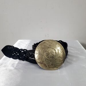 Vintage 70's Morrocan Braided Leather Medallion Black Belt